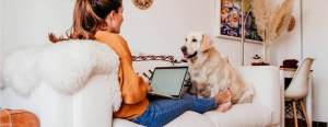 Frau arbeitet an einem Laptop mit einem Hund an ihrer Seite.